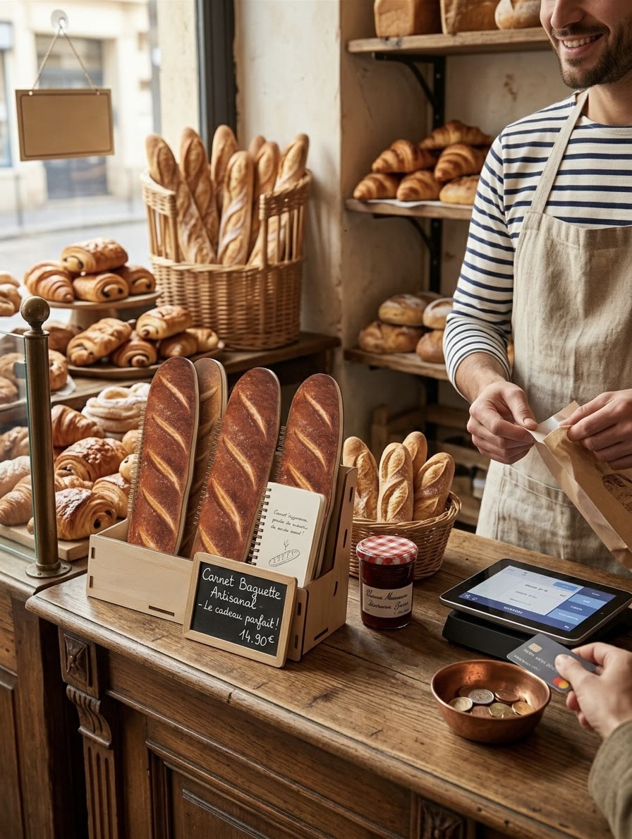 The Baguette Notebook displayed in a bakery-counter setting