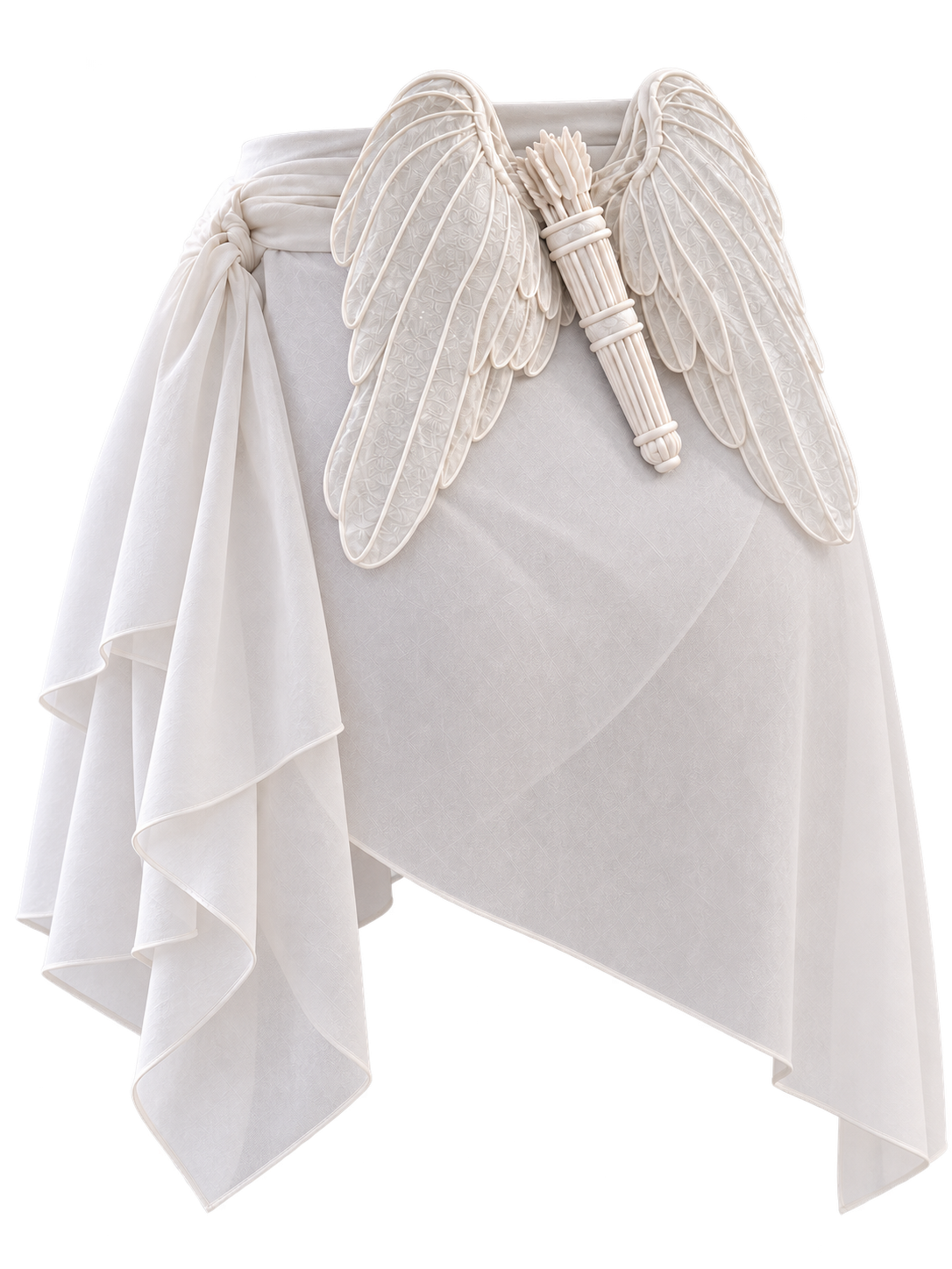 Product-only view of a white wrap ballet skirt with sculptural Cupid wings and an arrow quiver at the back waist