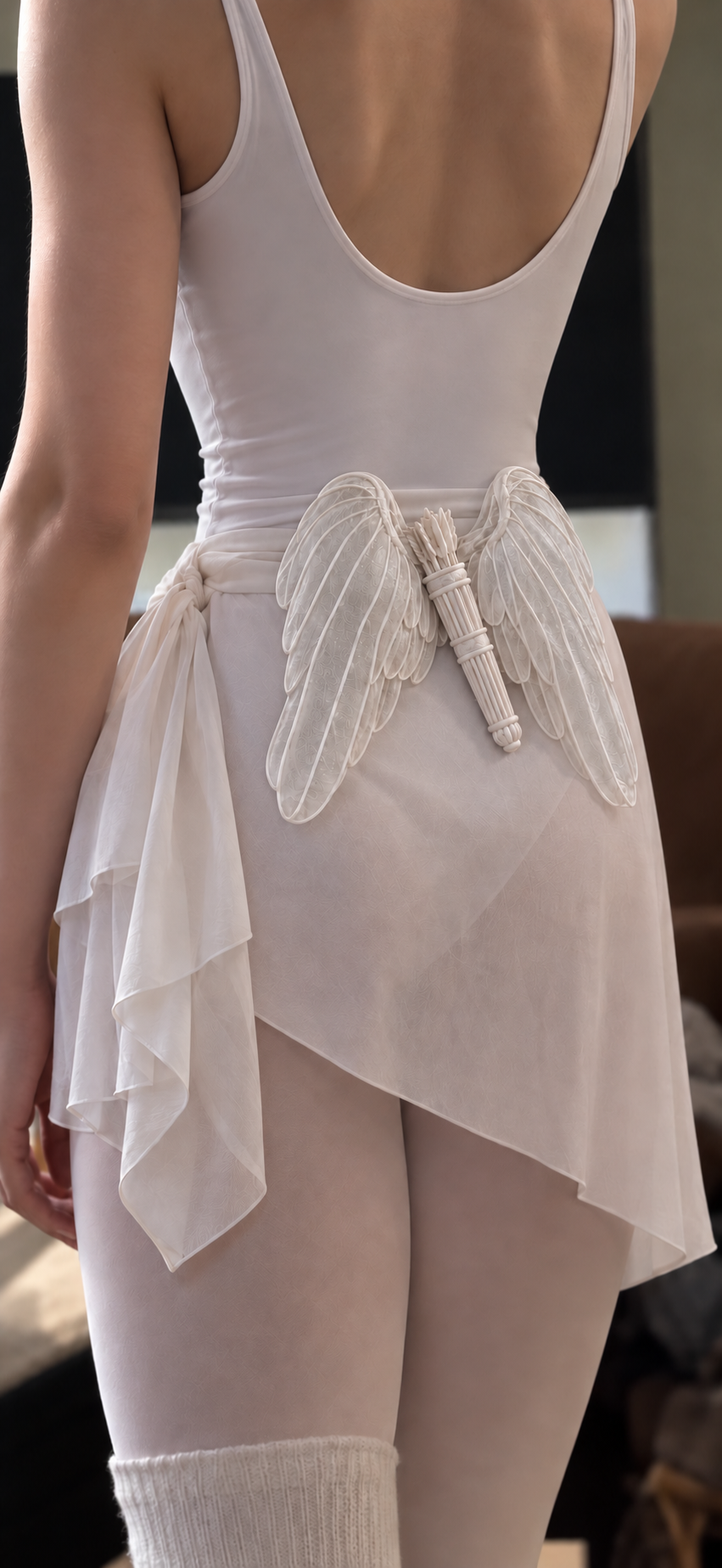 Cupid in Motion skirt, wings and quiver in use on a ballet dancer, shown from the back