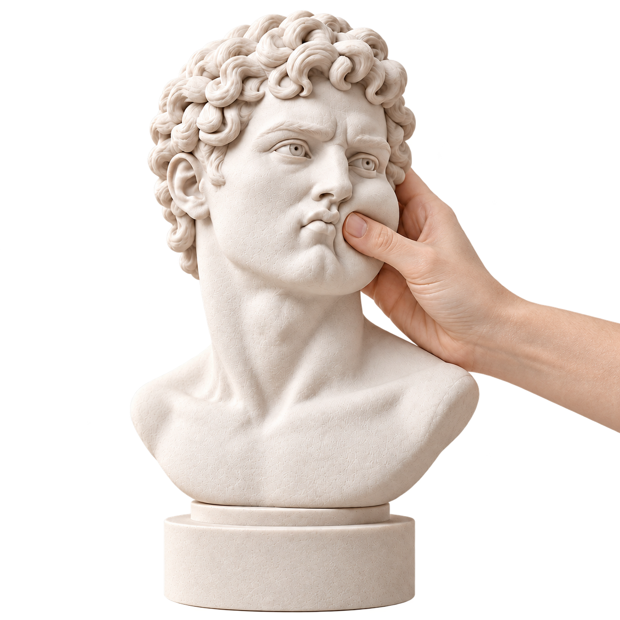 A hand pressing the cheek of a soft classical sculpture