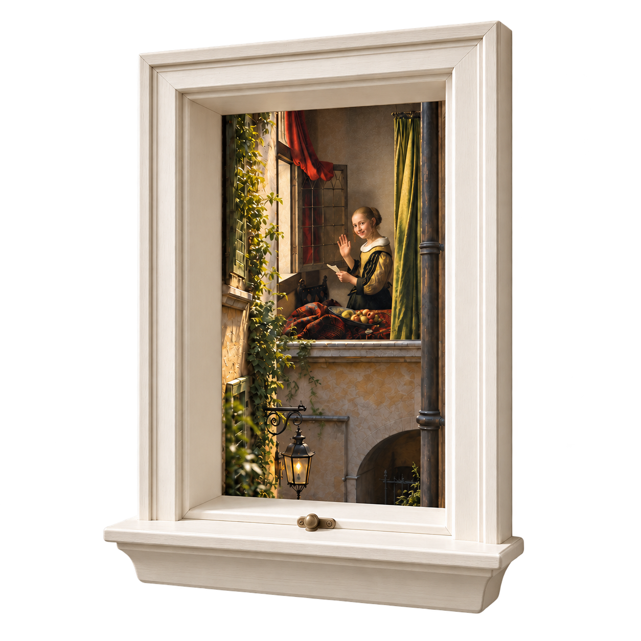 A wall-mounted window showing a seventeenth-century woman waving from across a courtyard