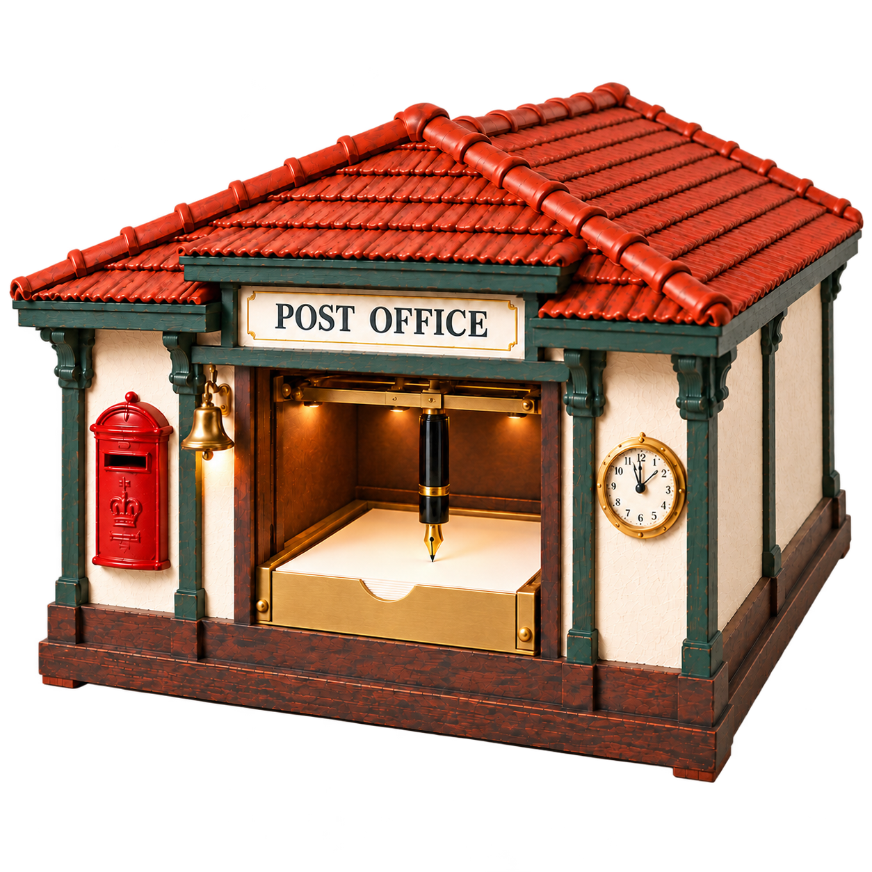 A miniature post office containing a mechanical fountain pen and stack of paper